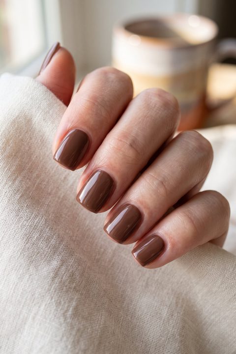 Hand with short rounded nails in opaque glossy cocoa brown gel, resting on a cream blanket next to a mug