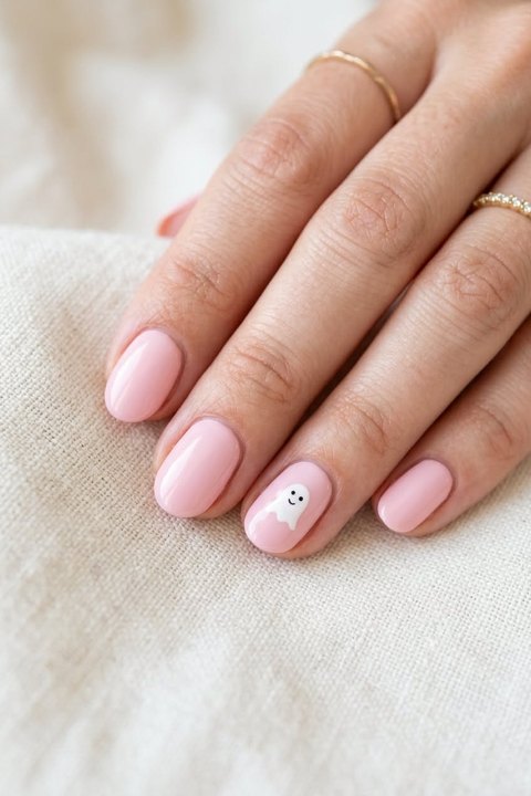 Close-up of a hand with medium oval nails in glossy soft pink gel and one tiny white friendly ghost on the ring nail, two gold rings, resting on cream linen