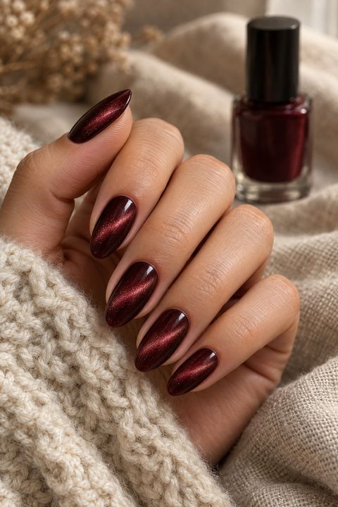 Close-up of a hand with medium almond nails in oxblood velvet cat-eye gel polish, a soft diffused shimmer band on each nail, resting on a cream knit