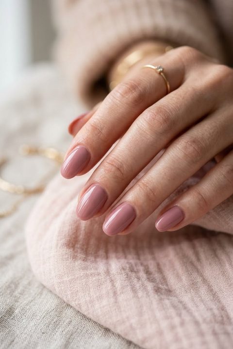 Hand with short soft-square nails in glossy dusty rose gel, resting on a pale pink knit with a thin gold ring