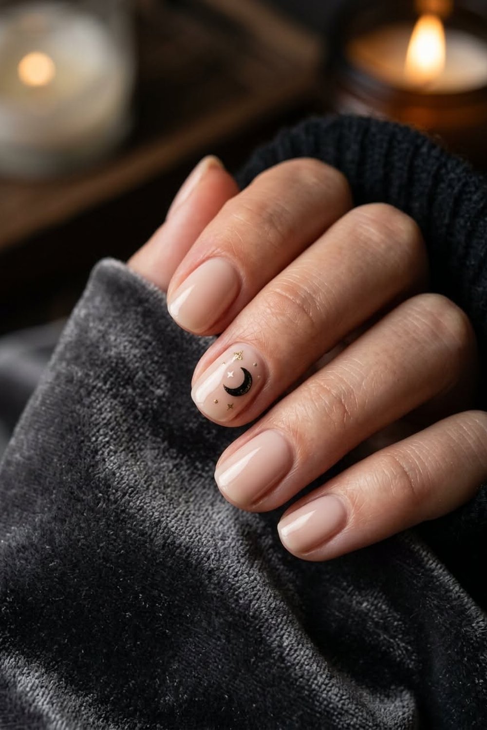 Hand with short sheer nude nails and one tiny black crescent moon on the ring nail, holding a dark velvet blanket by candlelight