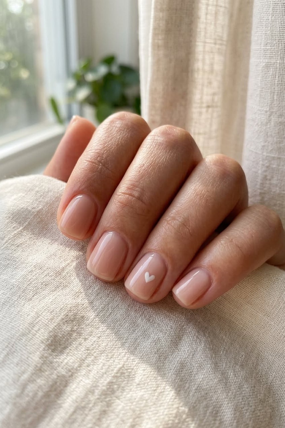 Close-up of a hand with short squoval nails in glossy sheer pink-nude gel and one tiny white heart on the ring nail, resting on cream linen by a window